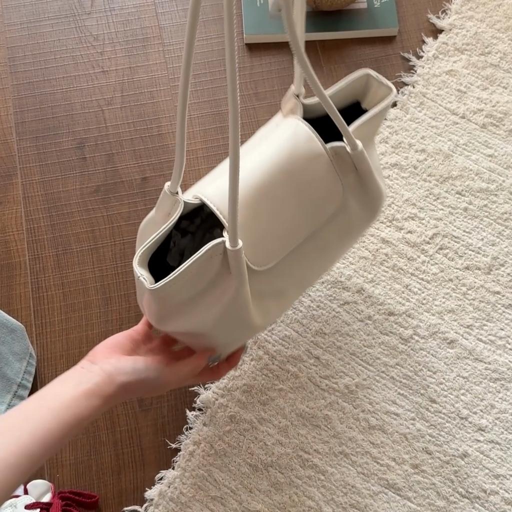 Minimalist Leather Shoulder Bag for Women with Flap Cover Long Strap Elegant Daily Carry Bag