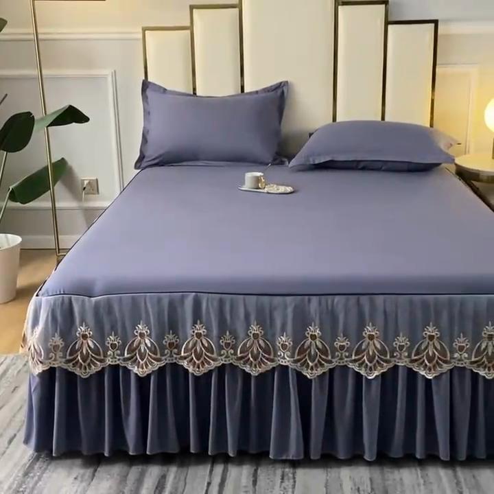 3pcs Set Raw Cotton Bed Romance Dust Protector Cover Soft Bedspread Embroidery Lace Edge Bed Skirt with 2pcs Pillowcase