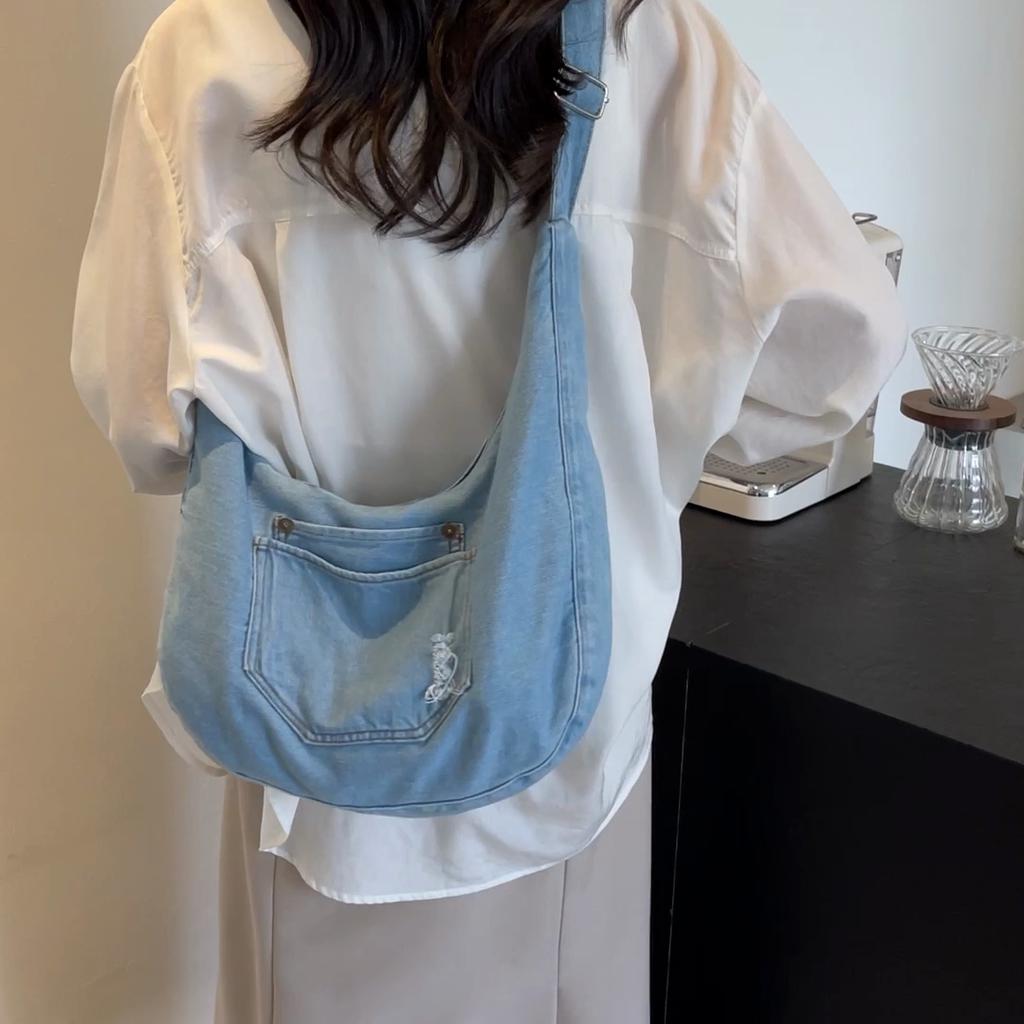 Shoulder Bag Denim Crossbody Bag Solid Color Women's Large Capacity Tote Bag