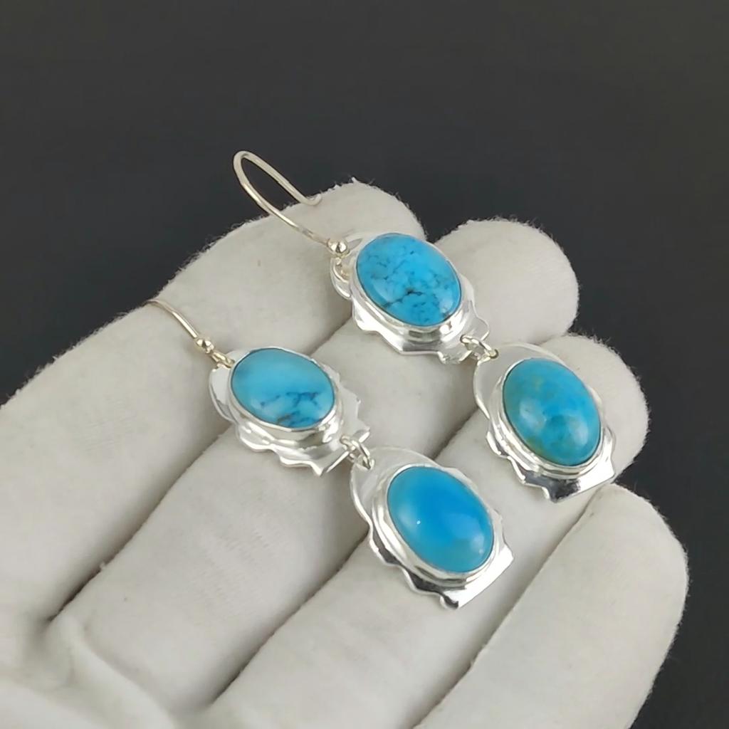 Sleeping Beauty Turquoise Gemstone Hook Earrings 925 Sterling Silver Earring, Handmade Boho Silver Jewelry Dangle Earrings, Party Wear Gift