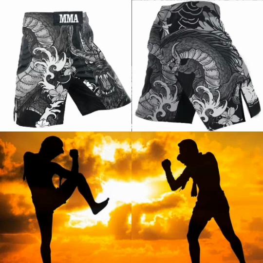 MMA Męskie Spodnie Dragon Muay Thai Kickboxing Bokserki Walka Trening Fitness Siłownia Czarny Biały