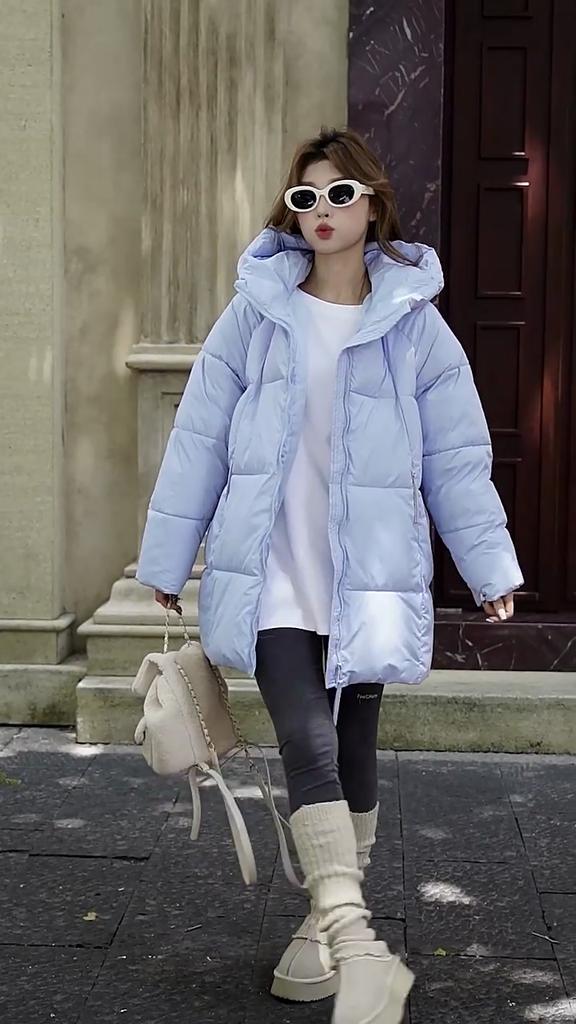 Fashionable Down Cotton Mid-length Cotton Coat for Women with Hooded Skirt and Thickened Cotton Coat