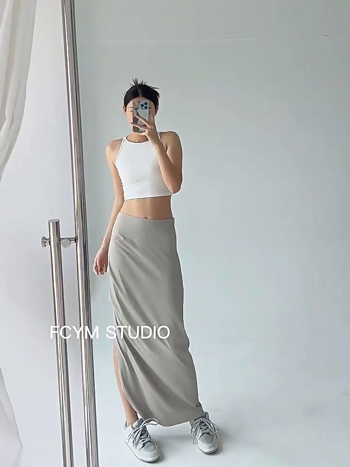 Dámská dělená midi sukně letní cargo štíhlá sukně s vysokým pasem žena vintage Y2K streetwear ležérní taška hip khaki