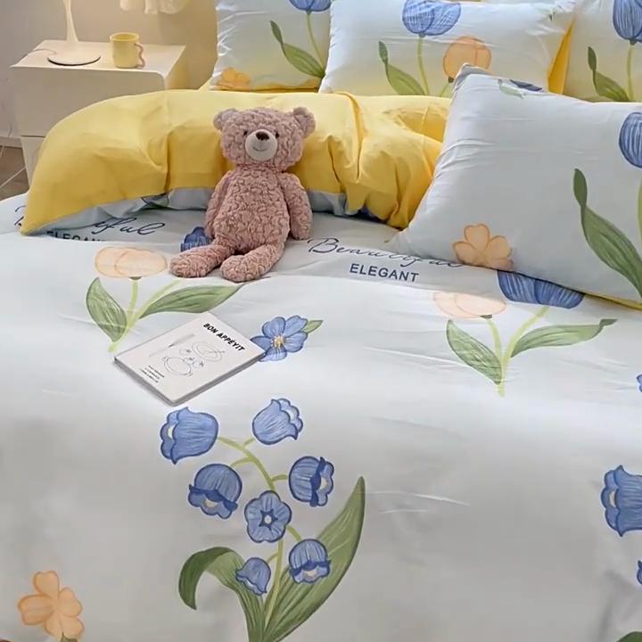 Girl Heart Fresh Small Floral Bedding Four-piece Set Washed Cotton Dormitory Bed Single Three-piece Set
