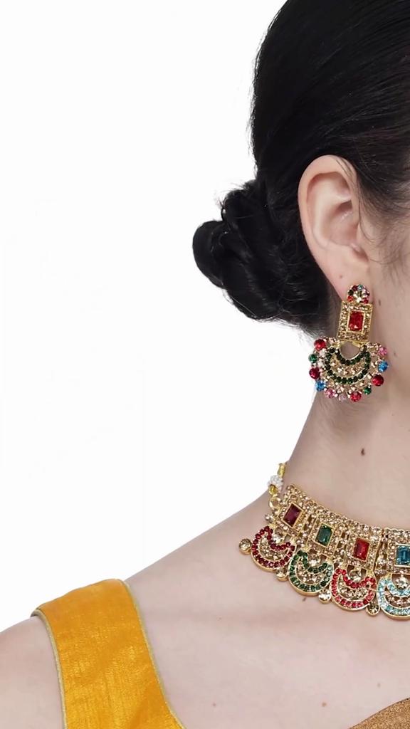 Graceful Curve Shaped AD Stones Choker Necklace Set With Earring And Maangtika | Jewellery Set For Women