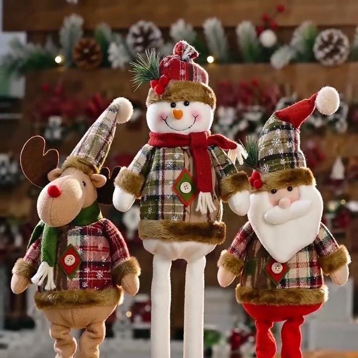 Retractable Christmas Dolls, Plaid Standing Santa Snowman Reindeer Ornaments for Home Decor & Kids Gift