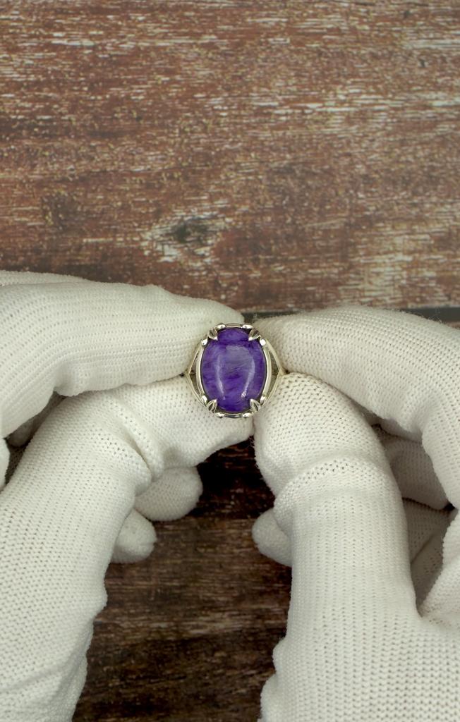 Natural Charoite Ring In 925 Sterling Silver - Statement Purple Gemstone with Elegant Leaf Design - Nature Inspired Jewelry Gift