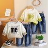 Boys' long sleeved two-piece set - round neck English letter hoodie+denim pants - fashionable clothes
