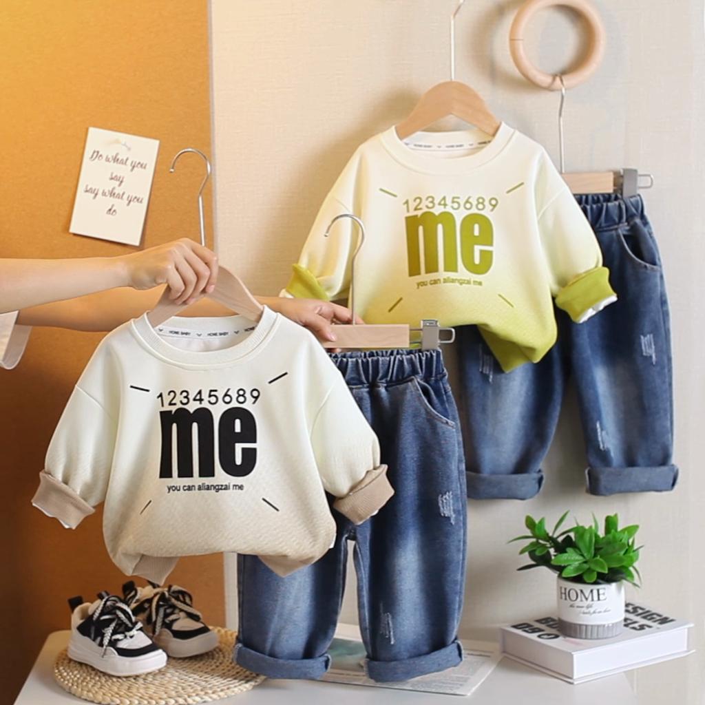 Boys' long sleeved two-piece set - round neck English letter hoodie+denim pants - fashionable clothes