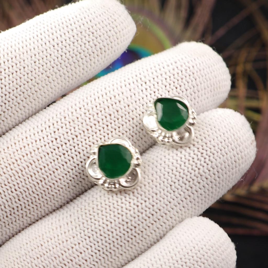 Green Onyx Gemstone Earrings 925 Fine Silver Handmade Jewelry Push Back Studs EE-159-18
