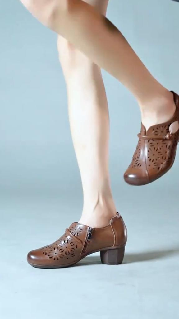 2024 Spring Summer New Genuine Leather Pumps Retro Hollow Round Toe Soft Sole Women's High Heels Shoes