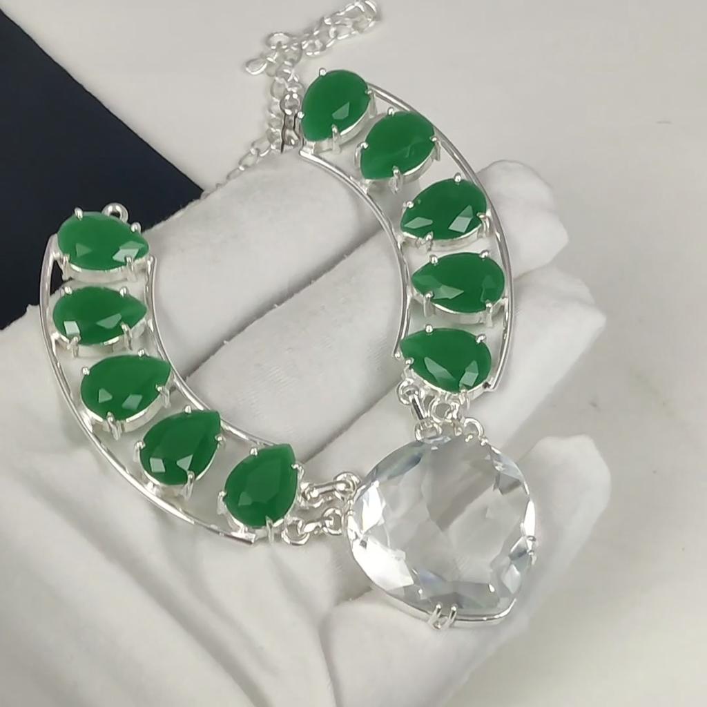 Amazing Emerald Gemstone Handmade 925 Sterling Silver Electroform Necklace, White Topaz Silver For Wife Unisex Pendant Anniversary Gifts