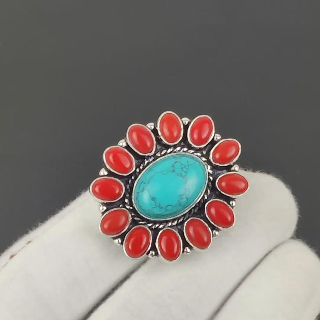 Turquoise, Red Coral Gemstone Ring, 925 Sterling Silver Ring, Gift For Her, Oval Stone ,Elegant Handmade Ring, Turquoise Flower Silver Ring Gift