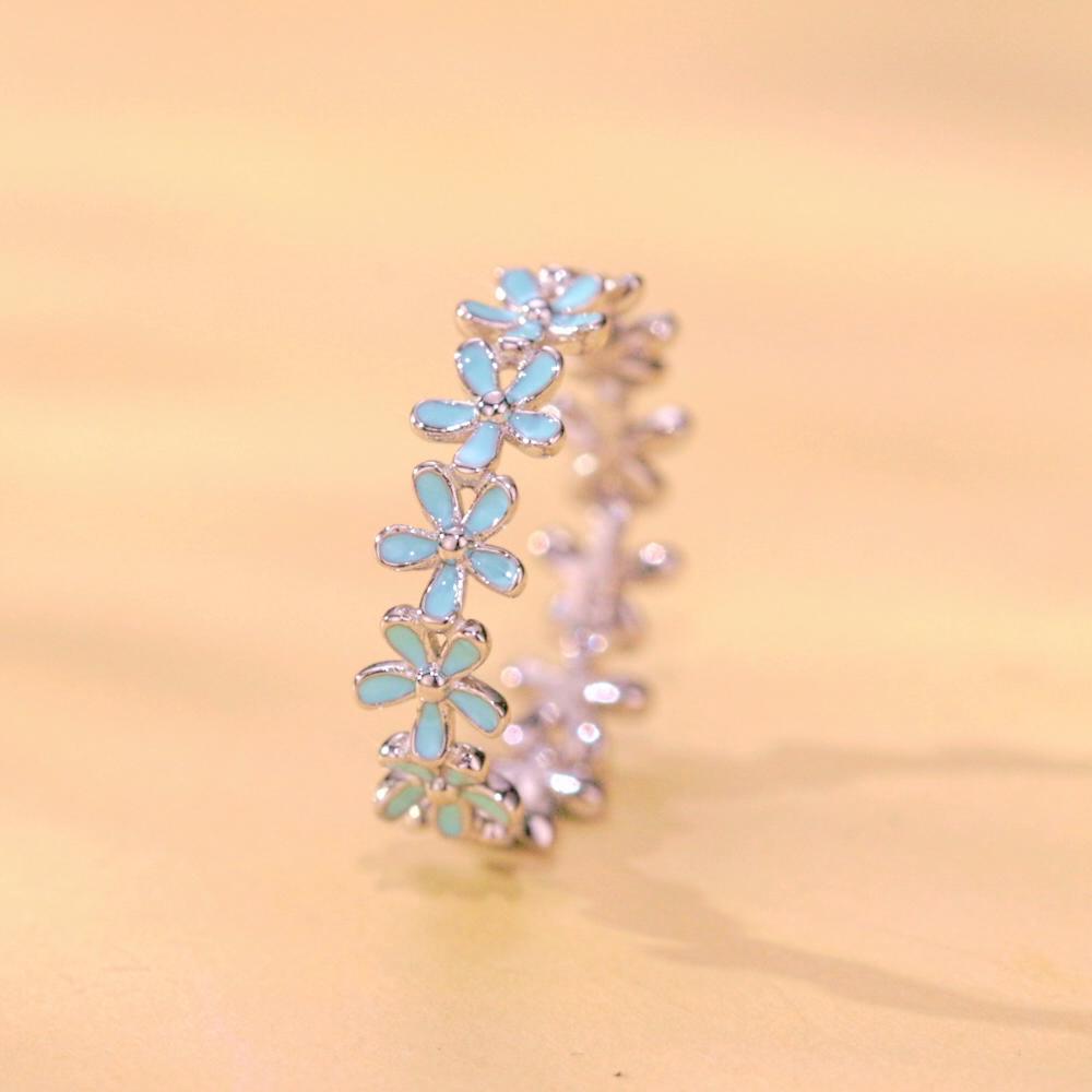 WOSTU 925 Sterling Silver Small Blue Wreath Finger Ring Enamel Flower Ring for Women Valentine's Day Gift Romantic Fine Jewelry