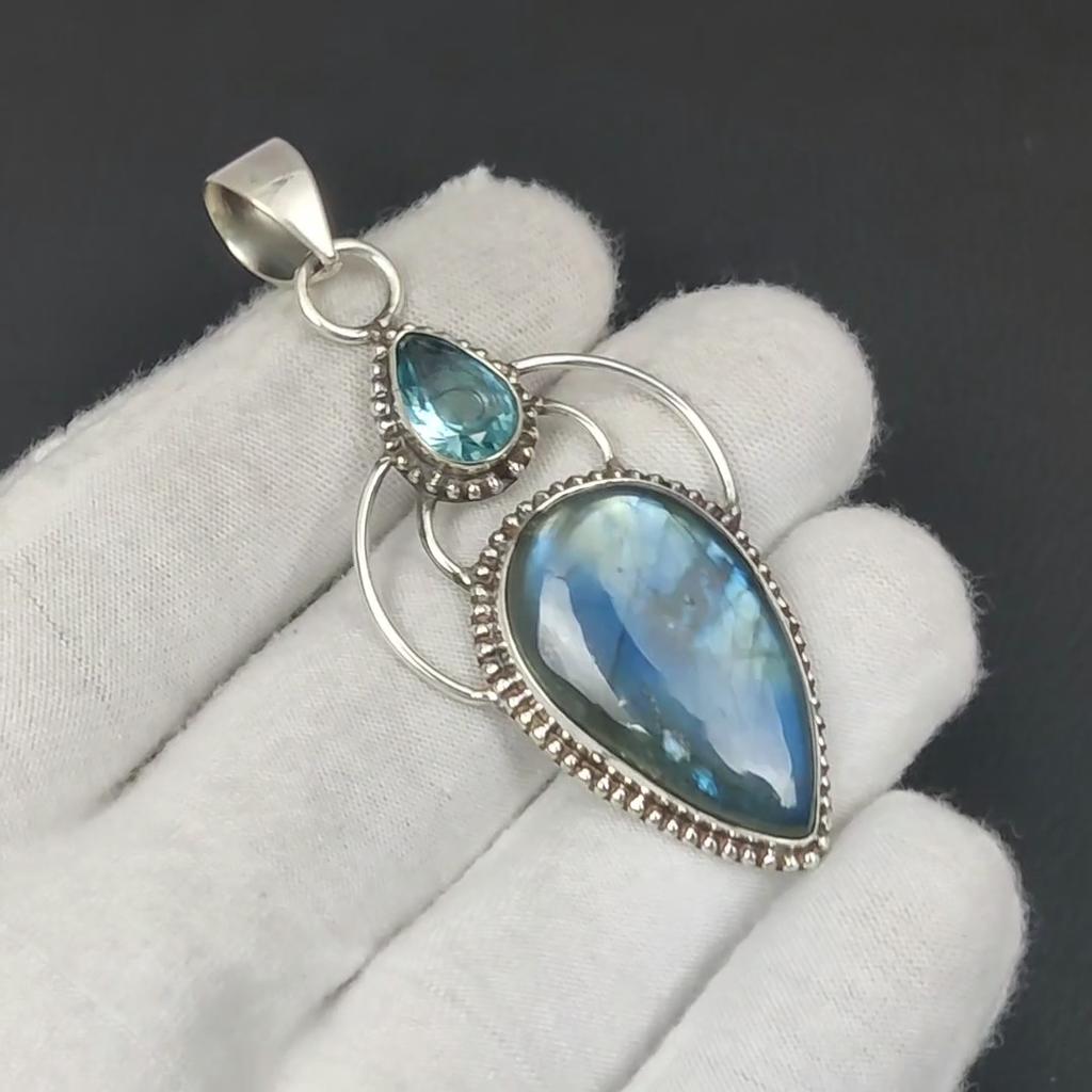 Natural Labradorite Gemstone Silver Pendant in 925 Sterling Silver- Handmade Design, Everyday Wear Jewelry, Unique Blue Topaz Pendant Gift