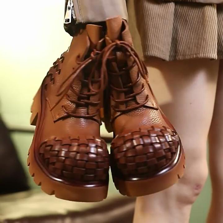 Johnature Retro Genuine Leather Woven Short Boots Lace-up Thick Bottom And Thick Heel Women's Boots