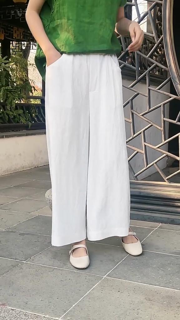 Johnature Women Vintage Wide Leg Pants Summer Chinese Style Elastic Waist Solid Color Trousers Loose Casual Pants