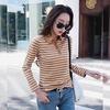 Spring Turn-Down Collar Cotton T-Shirts Women Yellow Striped Casual Long Sleeve Tshirt Loose Za Woman Office Tops