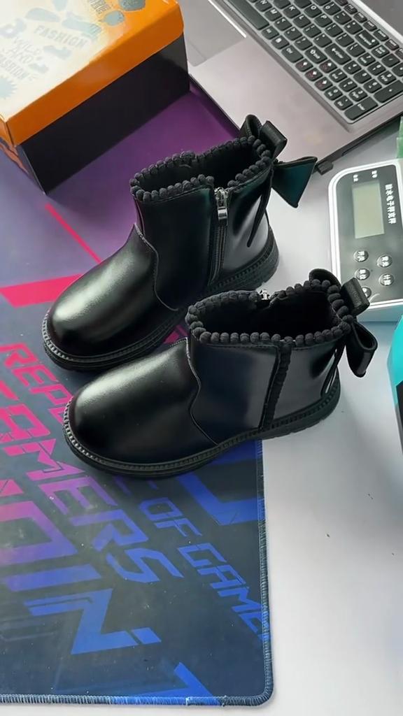 Children's Princess Style Single Boots Plus Velvet Short Boots Non-slip Soft Sole Leather Boots Side Zipper Warm Cotton Boots