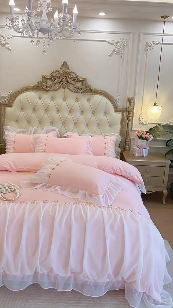 Light Luxury French Chiffon Side Bed Set Four-piece Set Washed Skin-friendly Breathable Bed Sheet Quilt Cover Pillowcase