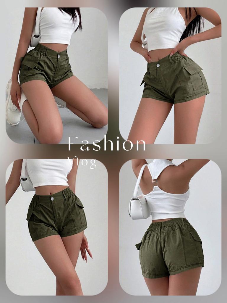 Rose Beauty A Women's Y2K Street Elastic Waist Flap Pocket Side Cargo Shorts Solid Color Simple Casual Shorts For Daily Wear
