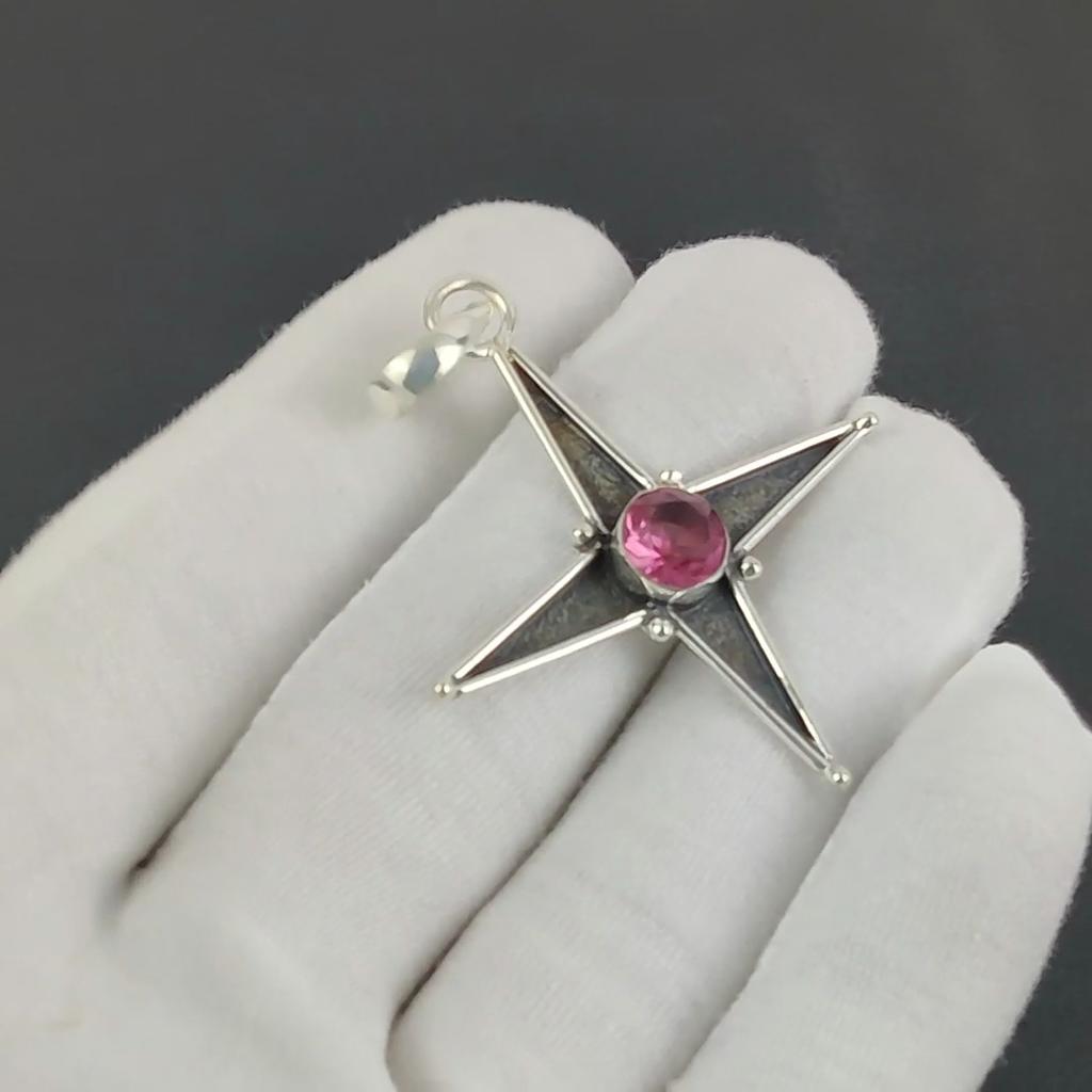 Pinki Kunzite Gemstone Silver Pendant In 925 Sterling Silver - Handmade Star Design, Everyday Wear Jewelry,  Unique Artisan Designs Pendant Gift