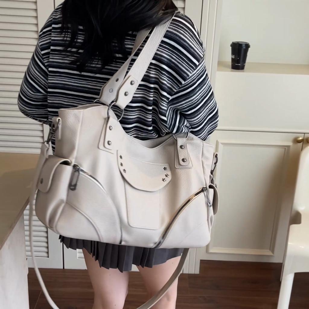 PU Shoulder Bag Women's Fashion Tote with Star Stud Detail and Dual Side Zip Pockets
