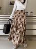 Korean Fashion Spring Summer Women Maxi Long Skirt High Waist Coffee Gray Floral Printed Skirts Womens Elegant Ruffles Vintage Feminine Skirt