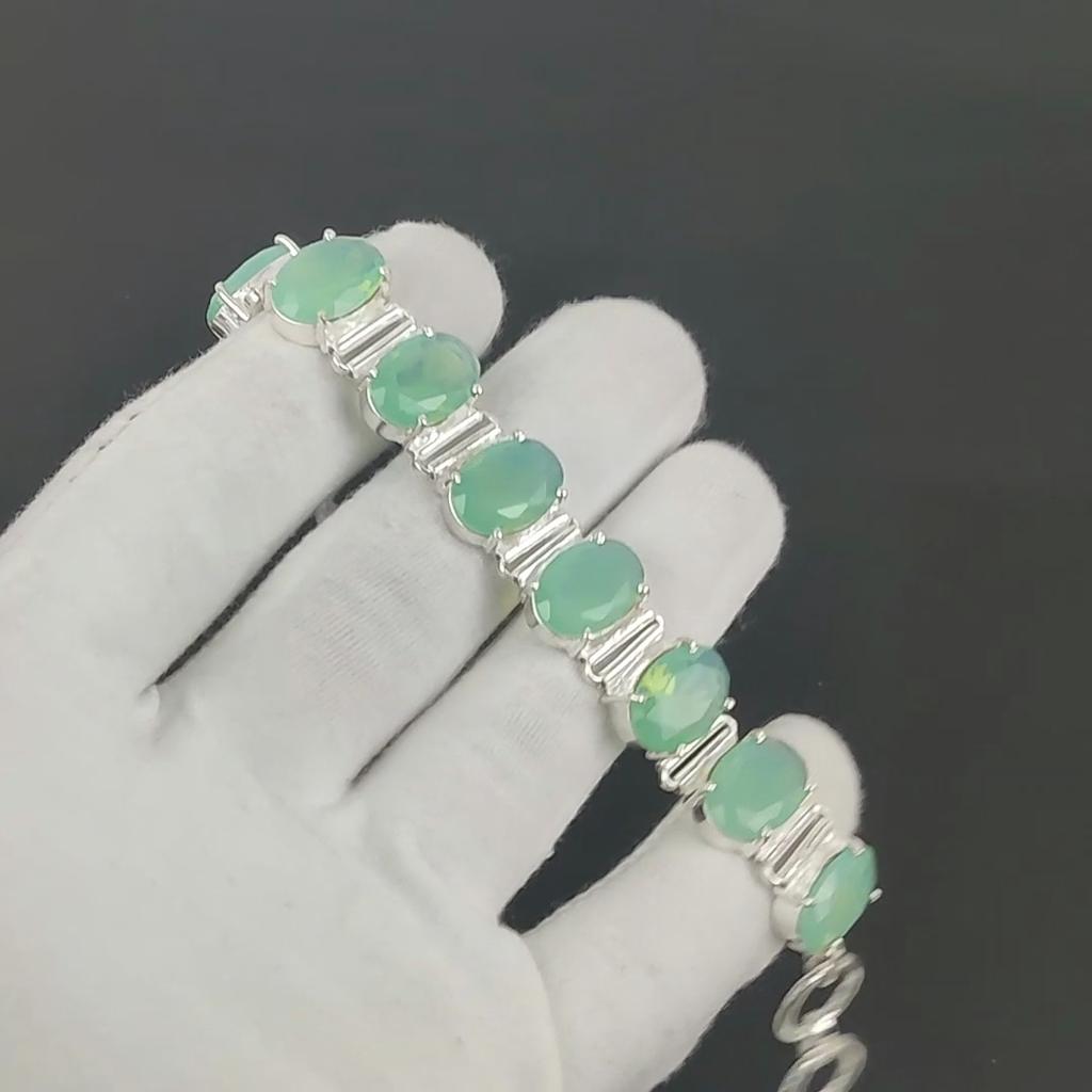 Grüner Chalcedon Armband 925 Sterling Silber Armband Verstellbare Kettenarmband Handgefertigt Boho Armband Grüner Chalcedon Edelstein Schmuck Frau Geschenke