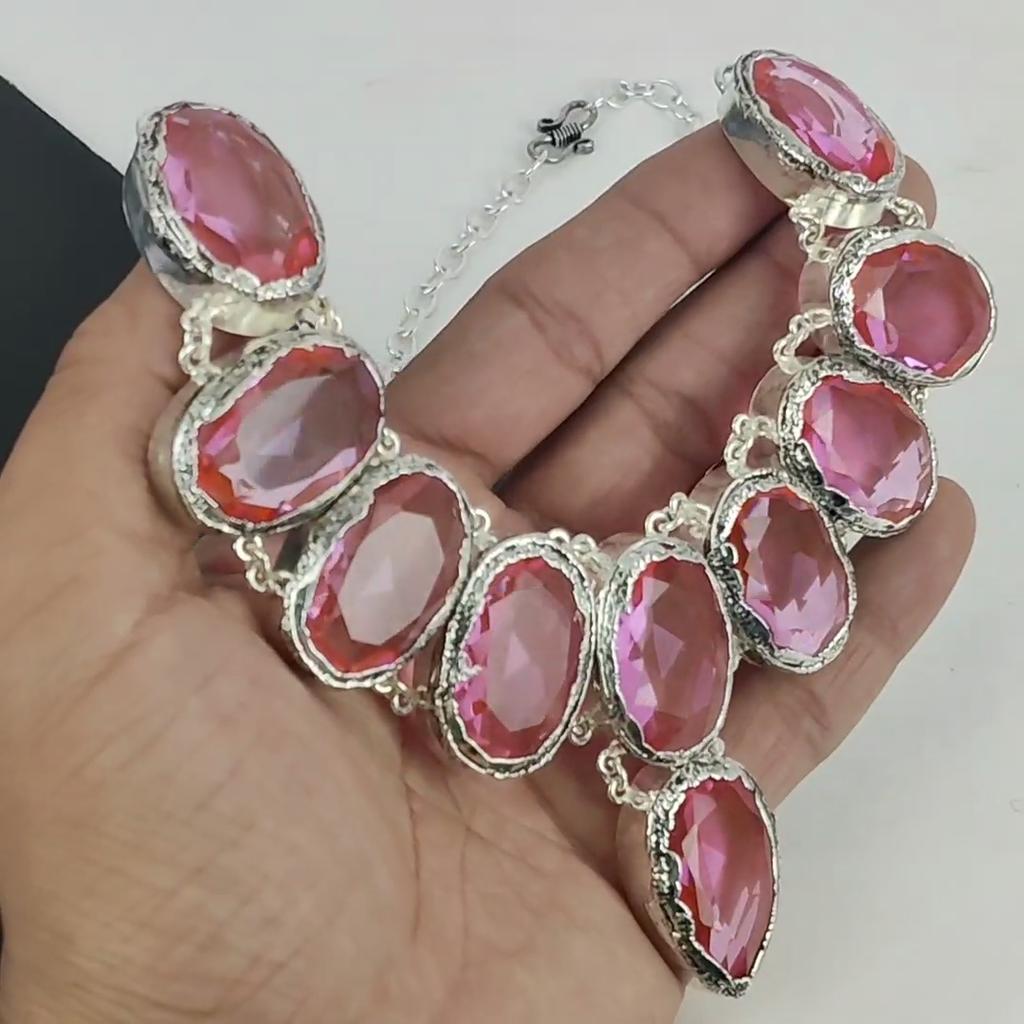 Pink Kunzite Gemstone Handmade 925 Sterling Silver Electroform Necklace, Pink Kunzite Silver For Wife Unisex Necklace, Mother's Day Gifts