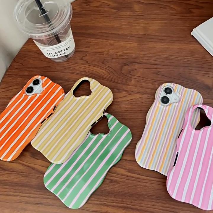 Fashion 2 In 1 Glossy Stripes Phone Case for iPhone 13 14 15 16 Pro Max Wave Edges Comfortable Touch Hard Slim Back Cover Shell