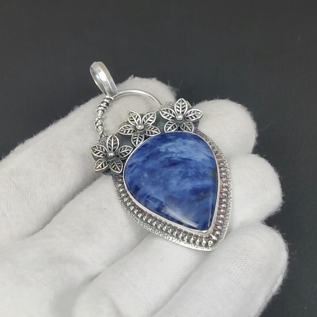 Natural Sodalite Gemstone Silver Pendant in 925 Sterling Silver- Handmade Flower Design, Everyday Wear Jewelry, Unique Pendant Gift For Her