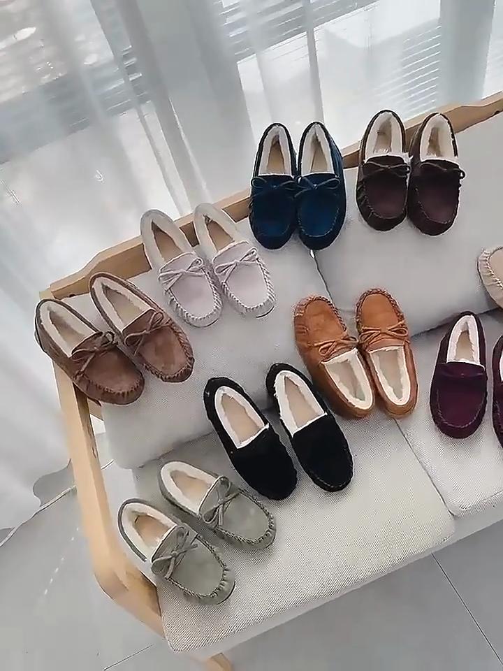 Mocassins plats chauds d'automne hiver pour femmes grandes tailles, chaussures de maternité pour mamans, doublure polaire, semelle souple, chaussures à nœud papillon