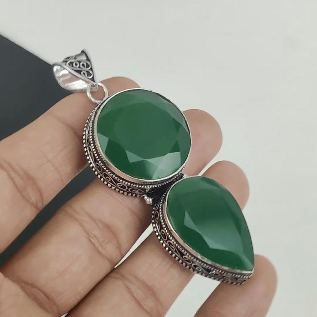 Smaragd Edelstein Anhänger 925 Sterlingsilber - Handgefertigtes Design, Alltagsschmuck, Einzigartige Smaragd Doppelstein Anhänger Geschenke