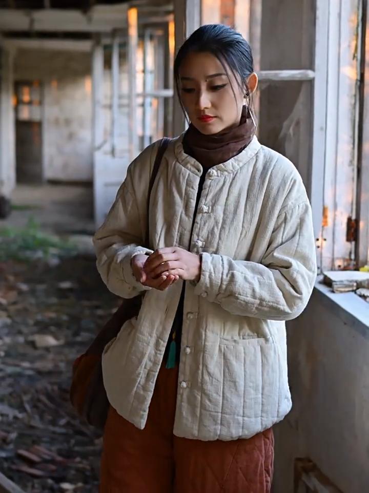 Johnature Women Vintage Winter Stand Long Sleeve Solid Color Coats Button Warm Coats