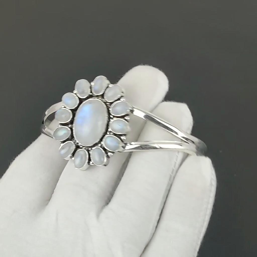 Piatră prețioasă Piatra Lunii Curcubeu Brățară Manșetă Handmade Argint Sterling 925 Brățară Manșetă, Brățară Formă Floare Piatra Lunii Curcubeu Pentru Soție, Brățară Unisex