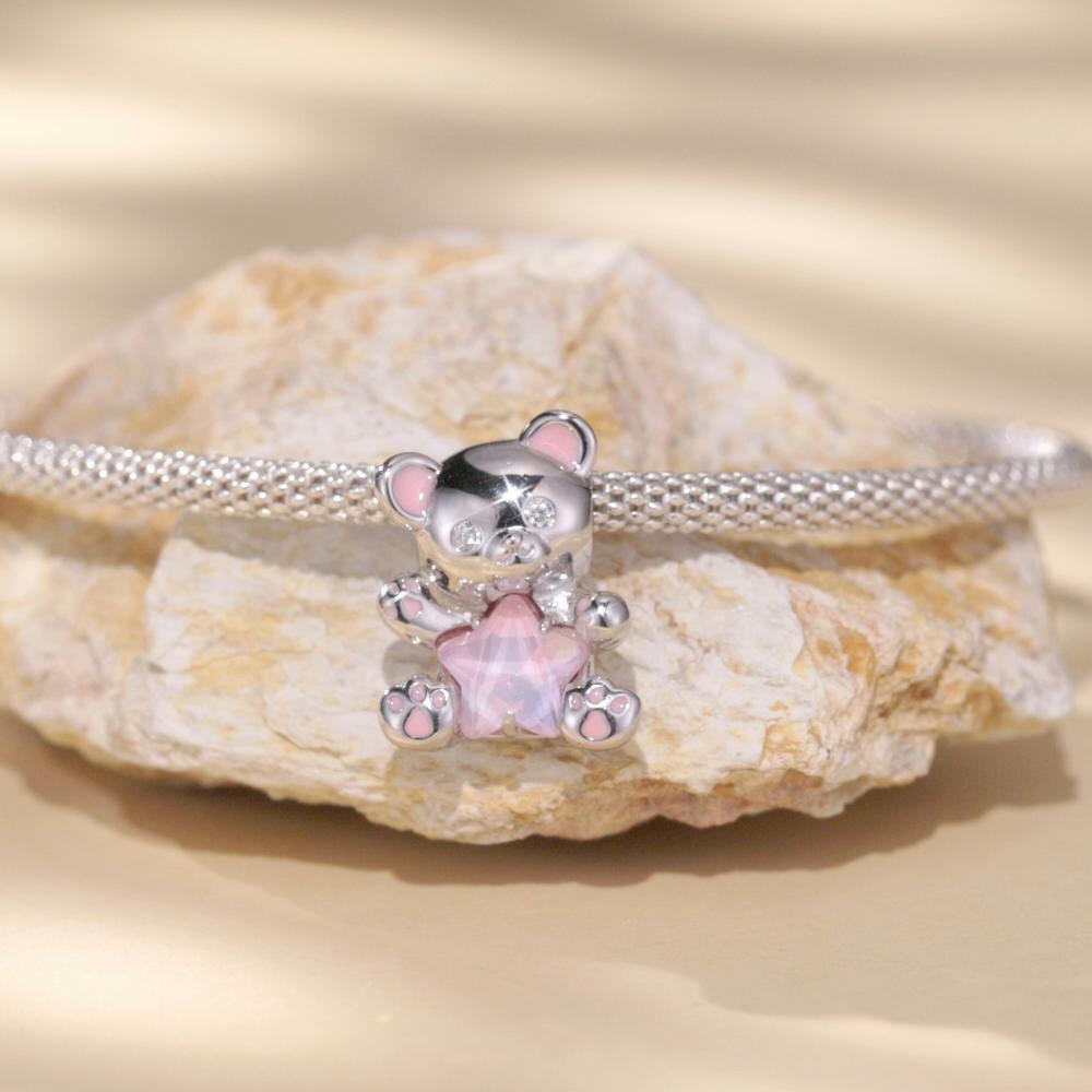 WOSTU 925 Sterling Silver Pink Couple Hearts Charm Star Bear Beads Dolphin Pendants Fit Original Bracelet DIY Jewelry