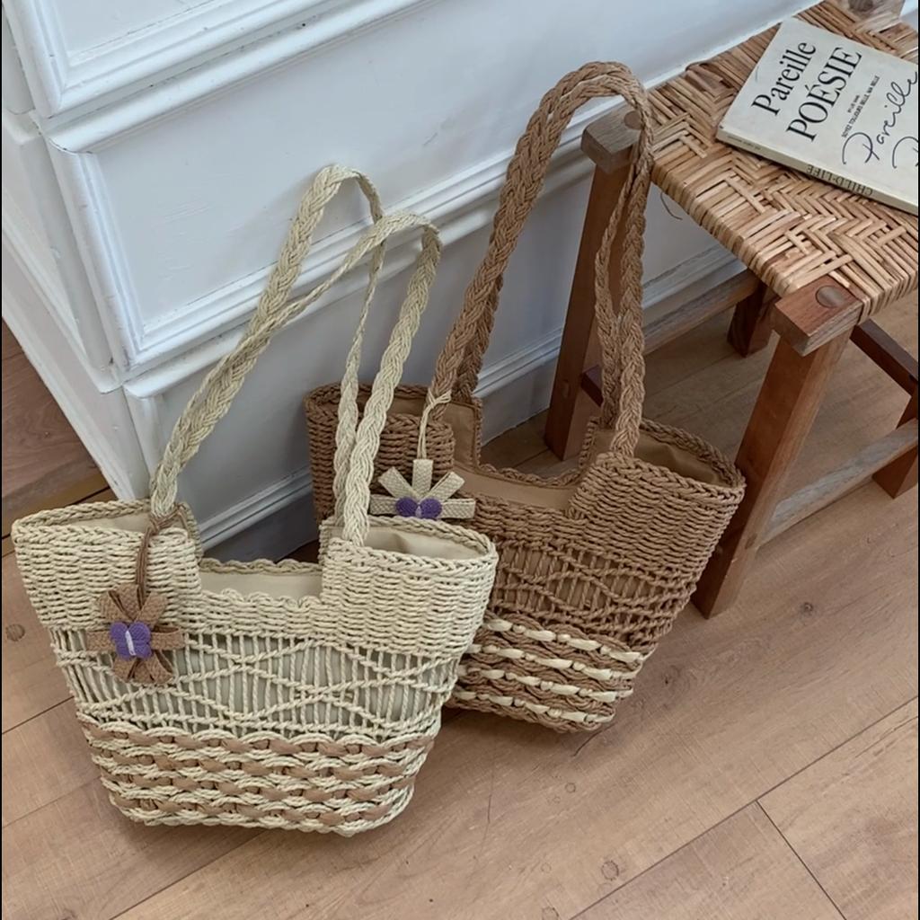 Handwoven Natural Fiber Tote Bag with Braided Handles and Open Weave Design
