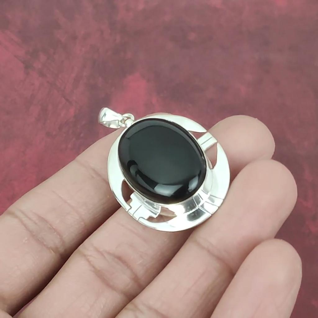 Black Onyx 925 Solid Sterling Silver Pendant, Handmade Gemstone Pendant , Gift For Mom Antique Jewelry
