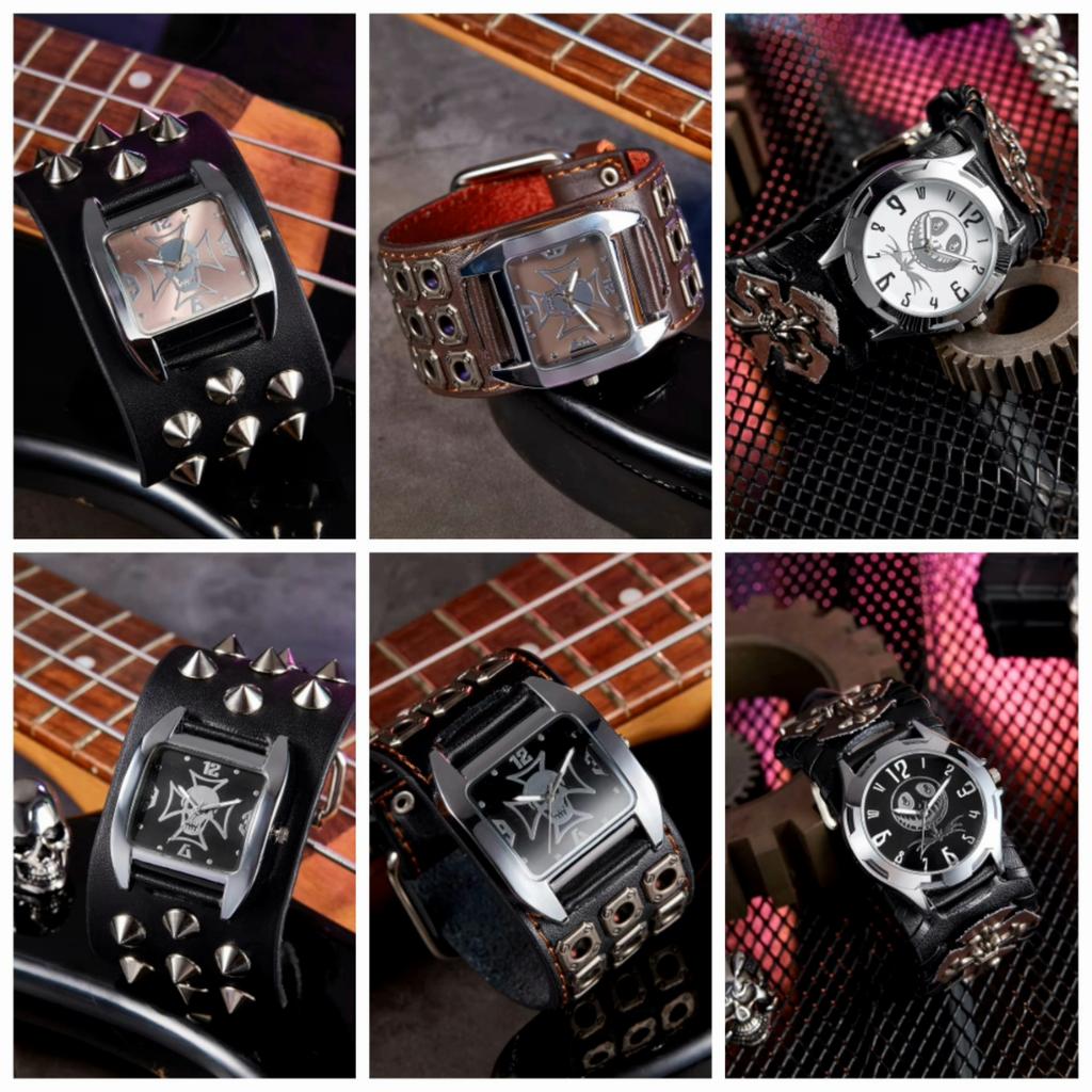Retro Vintage Street Hip Hop Punk Rock Gothic Biker Watch Quartz Stud Waterproof Men PU Leather Wristband Rivet Ghost Skull Halloween