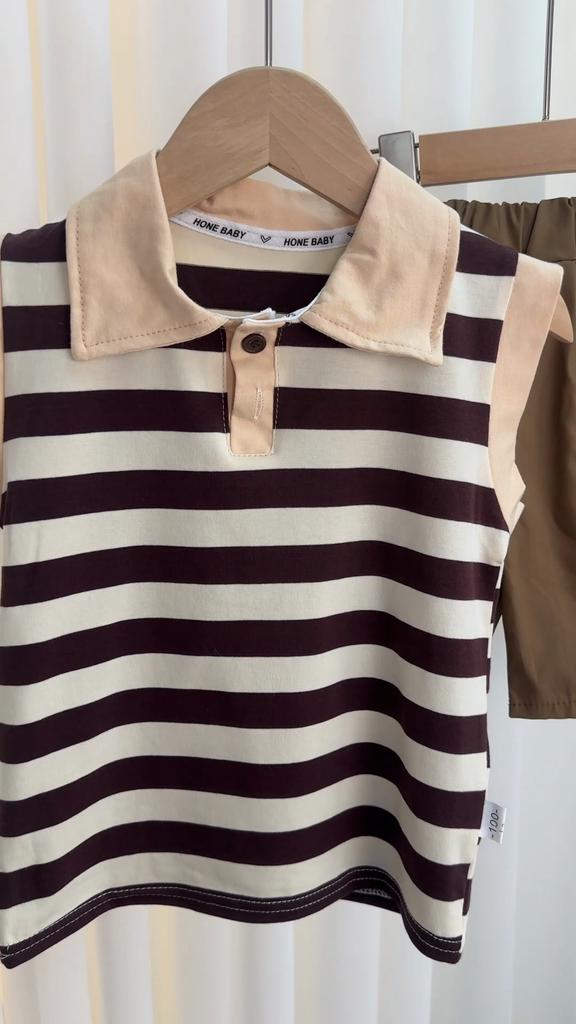 Letni 0-5 lat chłopięcy garnitur casualowy w paski bez rękawów polo + spodenki dziecięcy zestaw modny przyjemnie chłodny bawełna