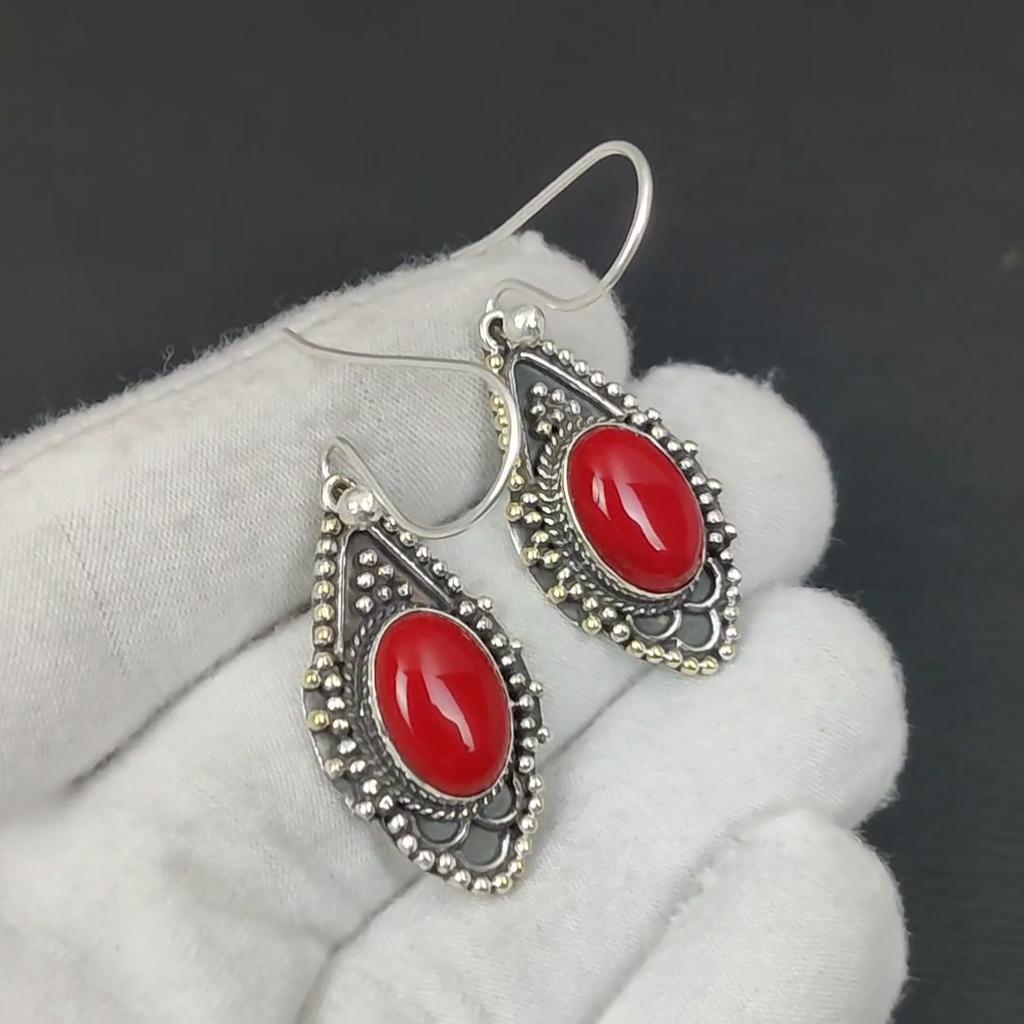 Natural Red Coral Gemstone Earrings, 925 Sterling Silver Earring, Handmade Boho Silver Jewelry Dangle Earrings, Wadding Gifts