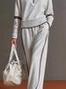 Women Two Piece Tracksuit Set Half Zip Stand Collar Sweatshirt Drawstring Wide Leg Pants Contrast Stripe Casual Sportswear