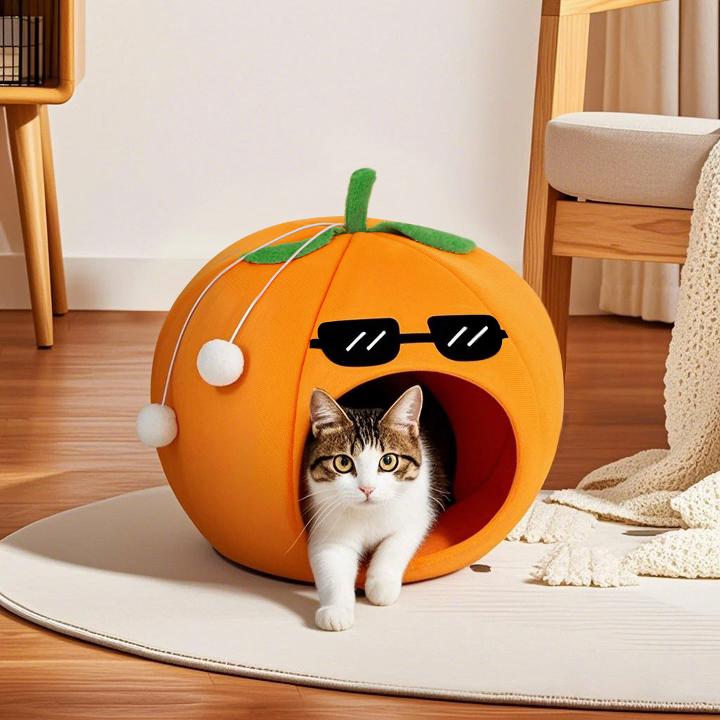Orange cat bed cute pet cat bed suitable for cats and dogs to keep warm semi-enclosed cat sleeping for all seasons