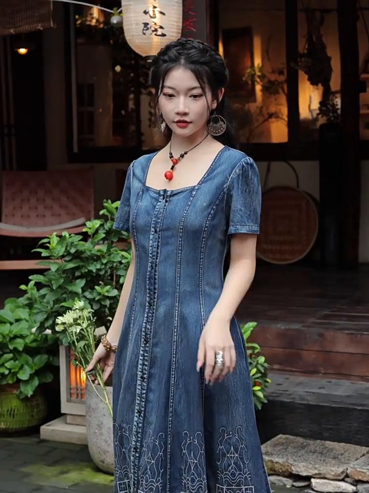 Johnature Woman Spring Niche Vintage Cowboy Chinese Style Dress Embroidery Single Breasted Fashion Short Sleeves Dress