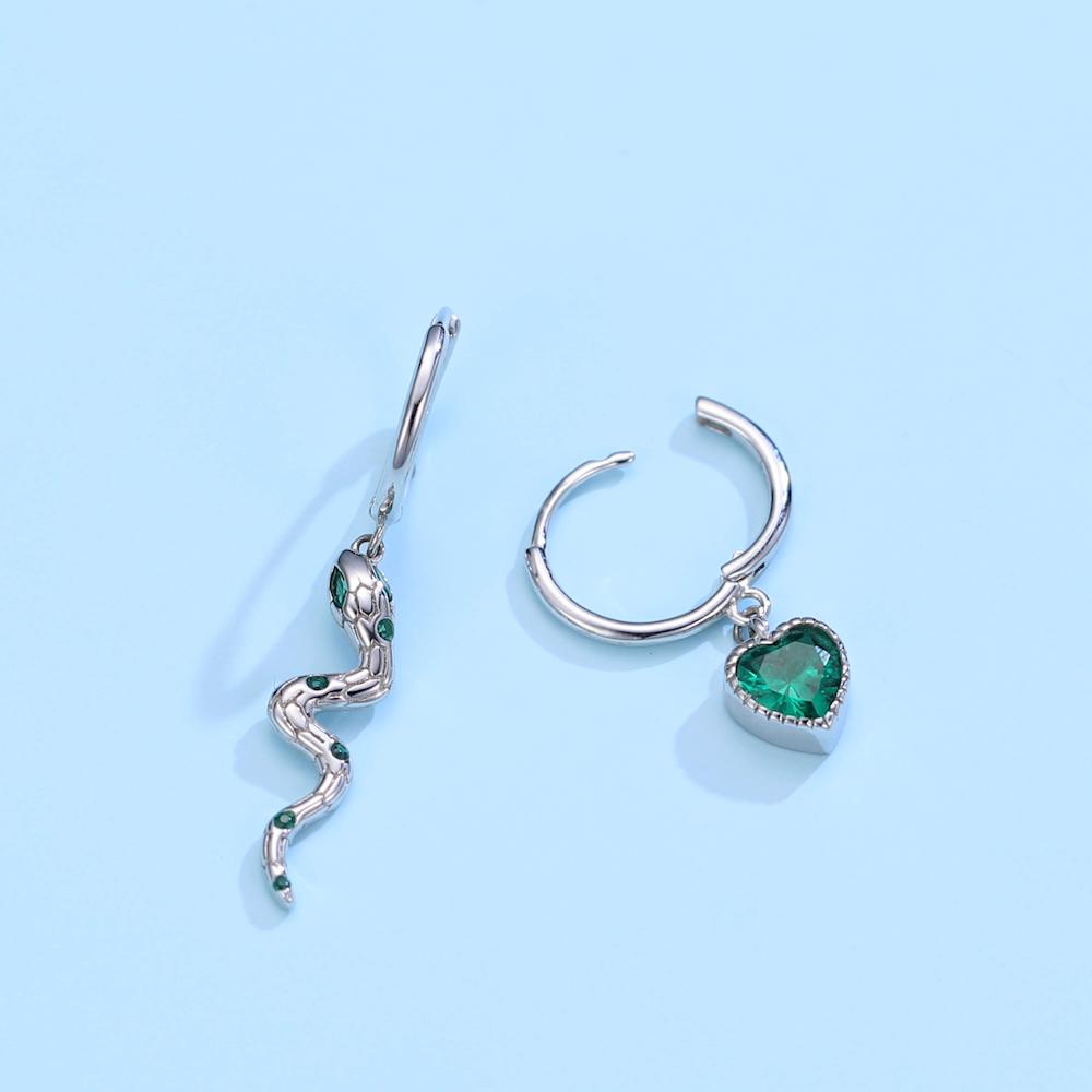 Bamoer Náušnice Love Of Snake Skutečné 925 Sterling Silver Zelená CZ kruhové náušnice pro ženy Svatební jemné šperky