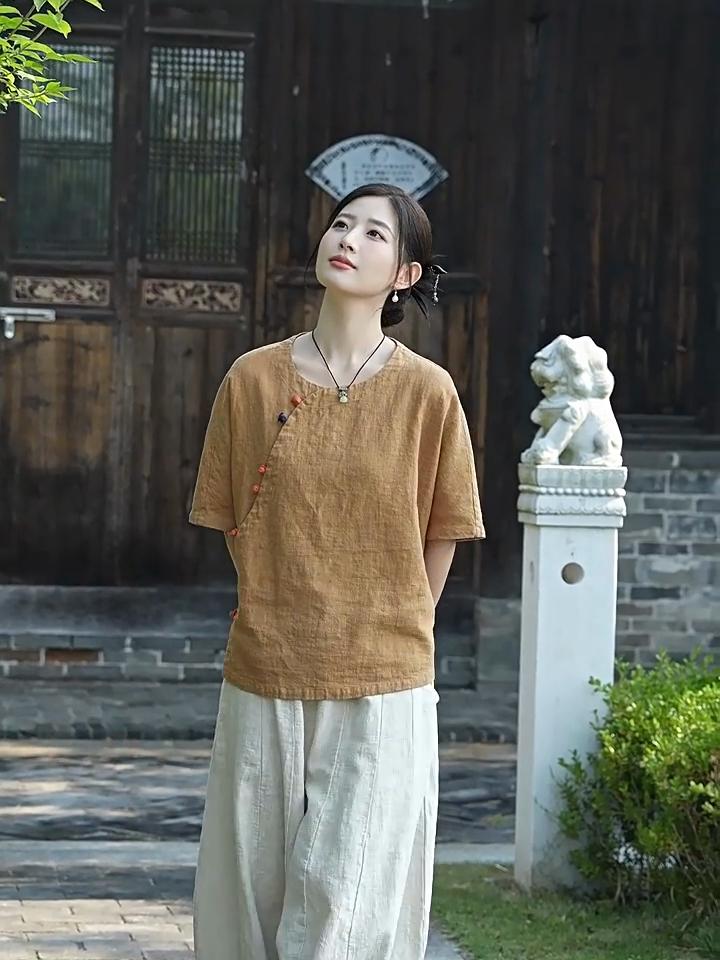 Johnature Women Vintage Shirts Summer Chinese Style Solid Color O-Neck Short Sleeve Button Female Tops