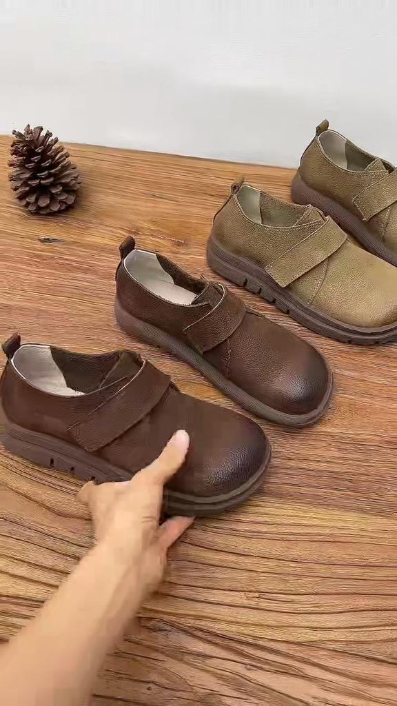 Johnature Neformální ploché boty z pravé kůže Retro kulatá špička Měkká podrážka Pohodlné jednobarevné boty