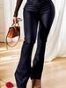 Rose Beauty A Women's High Waist Slant Pocket PU Black Leather Sexy Slim Flared Boot Pants Daily Wear