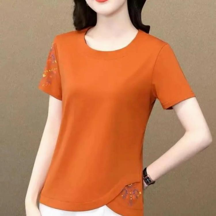 Dames T-skjorte Sommer Kort Erm Løs Pullover Ensfarget Vintage Rund Hals Broderi Trykk Mote Elegant Pluss Størrelse Topper